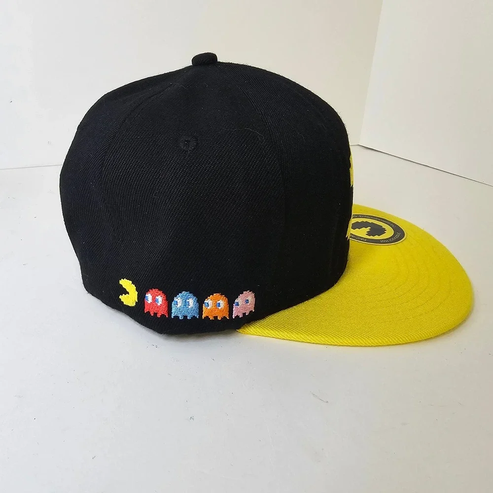 Pac-Man Snapback Hat Black Yellow Pixel Ghost Retro style Flat Bill Cap